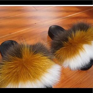 Real Fox Fur Slides brown